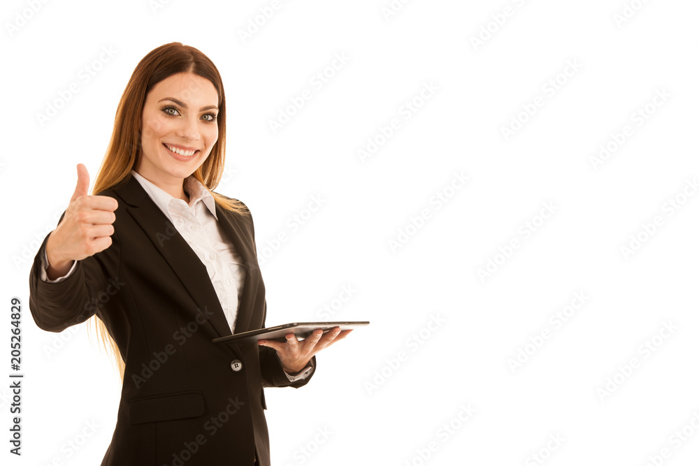 Attractive business woman showing thumb up as a gesture for success isolated over white background Attractive business woman showing thumb up as a gesture for success isolated over white background
