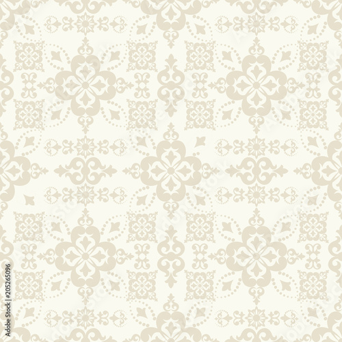 Seamless light background with beige pattern in baroque style. Vector retro illustration. Ideal for printing on fabric or paper for wallpapers, textile, wrapping.