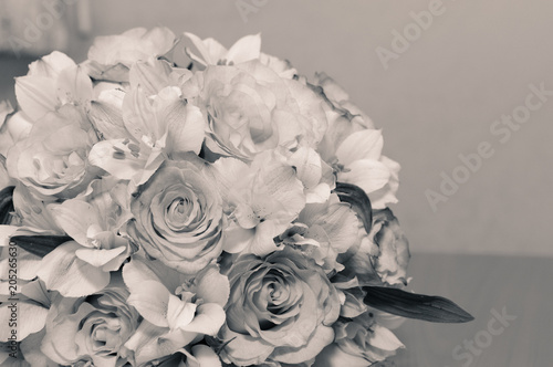 Beautiful wedding bouquet of roses. Black and white.