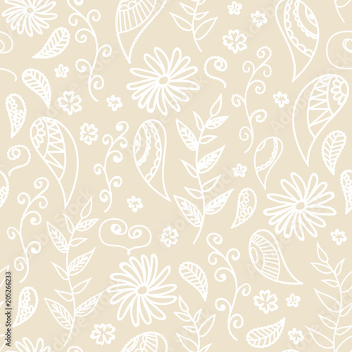 seamless pattern of drawn contours of leaves, flowers, curls. background for patterns, cards, background.sketch collection. Decorative elements for design. Ink, vintage, rustic. © Екатерина Рушева