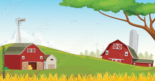  illustration of Countryside Red Farm barn With Blue Sky