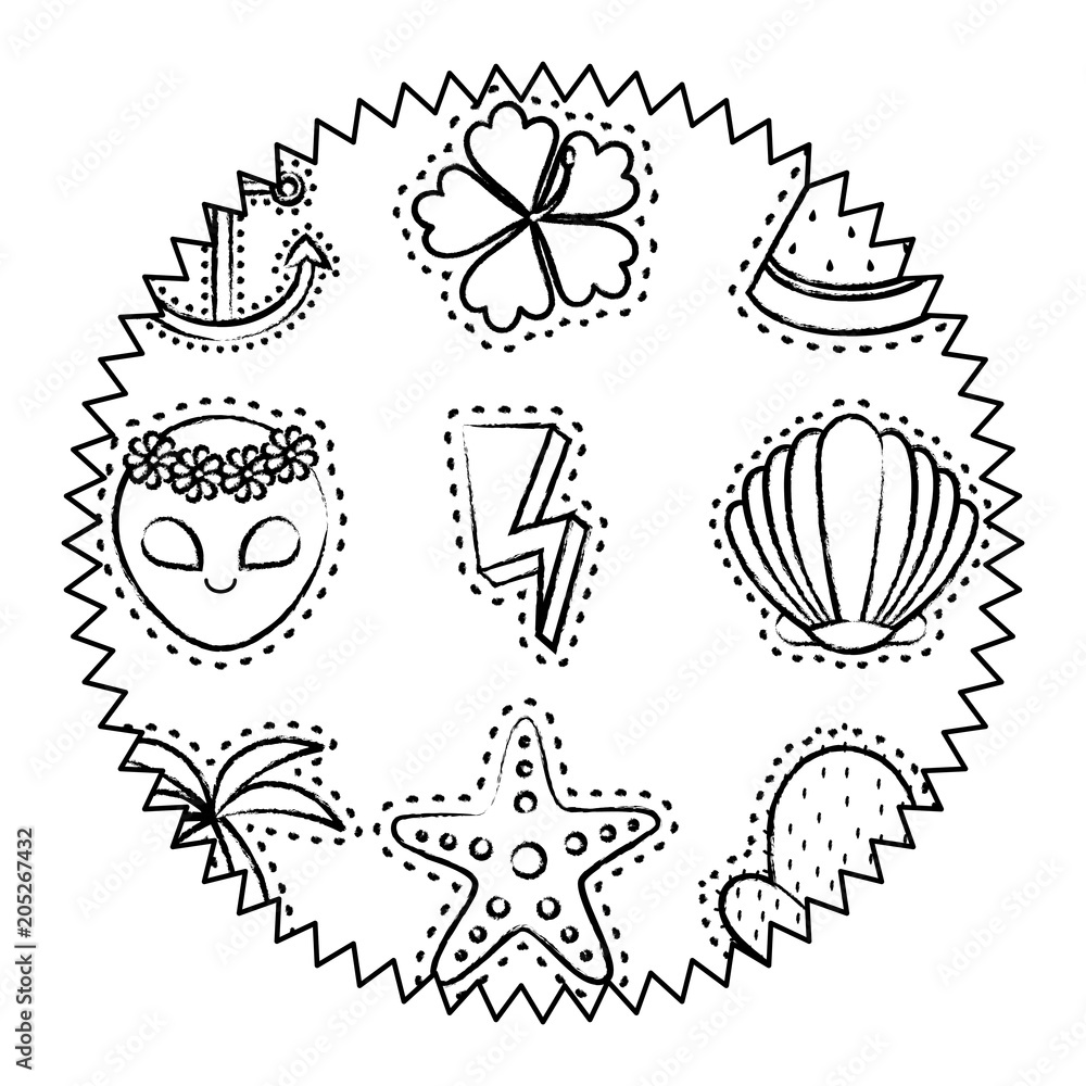 seal stamp with alien and tropical palms pattern over background, vector illustration seal stamp with alien and tropical palms pattern over background, vector illustration