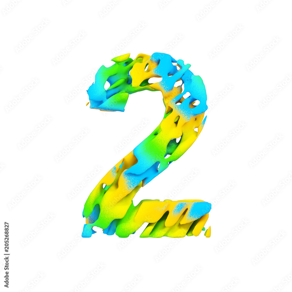 Alphabet number 2. Liquid font made of blue, green and yellow splash paint. 3D render isolated on white background. Alphabet number 2. Liquid font made of blue, green and yellow splash paint. 3D render isolated on white background.