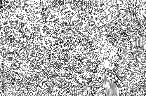 Coloring page for adults with abstract doodle background. Cartoo