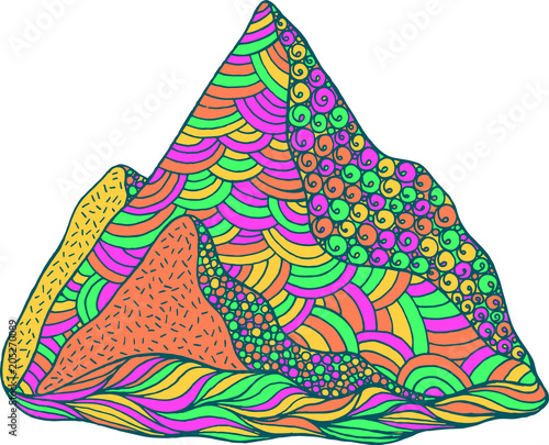 Doodle mountain. Psychedelic colored cartoon art. Vector illustr