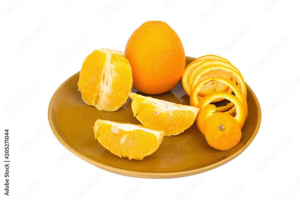 orange Spiral peel half slice on dish isolated on white background