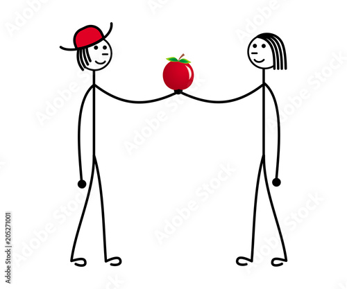 A man and a woman are holding a red apple. A cartoon schematic drawing, a metaphor for relationships. Vector graphics.
