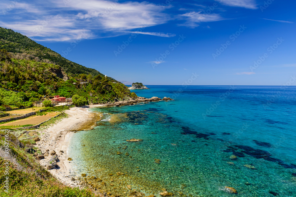 The beautiful coast of the Mediterranean sea, Samos island, Greece.