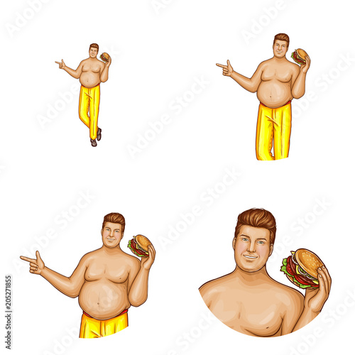 Vector avatar of pop art naked chest fat man with hamburger in hand. Networking element of obese handsome character in yellow trousers isolated in white circle. Fatty nude human