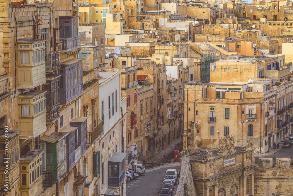 Beautiful view from above, the traditional houses and balconies in Valletta the capital city of Malta