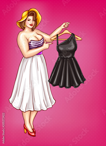 Vector pop art fat woman with big breast in blouse with low neckline isolated on pink background. Plus size girl holds hanger with little black dress, points finger at it. Overweight concept