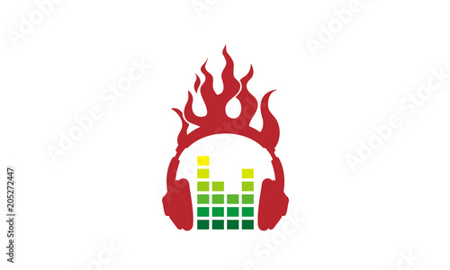 Headphone with Fire Flame and Sound Graph Equalizer for Music Disco Studio Record DJ logo design inspiration