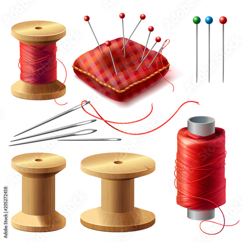 Vector realistic set of sewing supplies isolated on background. Tools for tailoring, needlework and clothing repair, red thread spools, wooden bobbins, needles kit, pins in decorative cushion