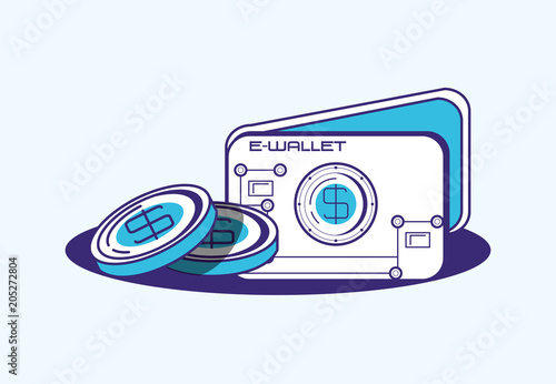 financial technology design with e-wallet and money coins over blue background, colorful design. vector illustration
