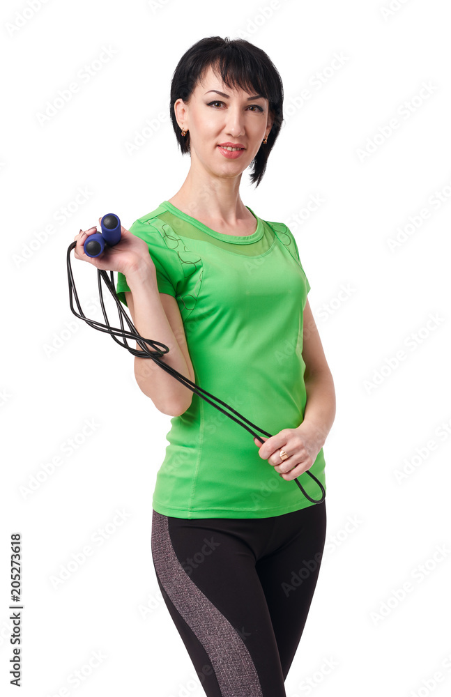 girl posing with skipping rope in studio, isolate on white background, sport and health concept girl posing with skipping rope in studio, isolate on white background, sport and health concept