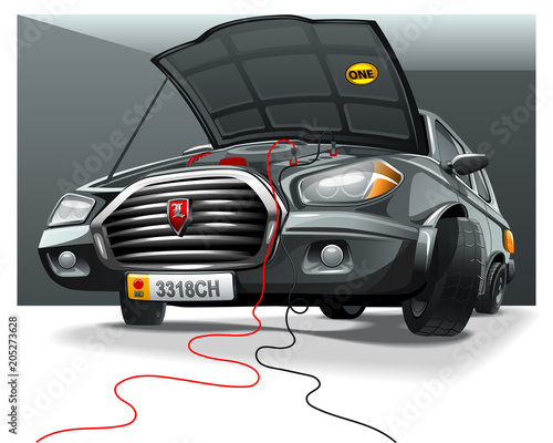 Black cartoon car with open hood in the garage