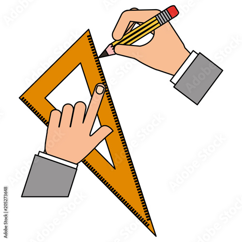 architect or designer hands with pencil and ruler triangle vector illustration