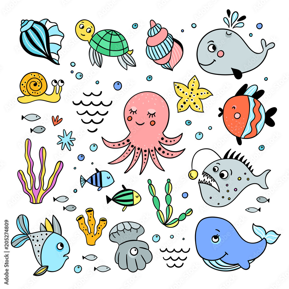 Fototapeta premium Sea creatures hand drawn set. Illustrations with cute fishes and seashells