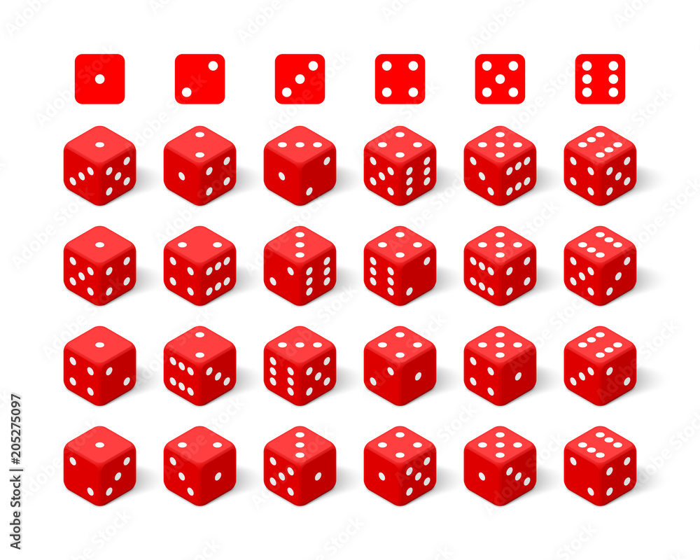 Isometric 3d red dice set. Twenty four combinations Isometric 3d red dice set. Twenty four combinations