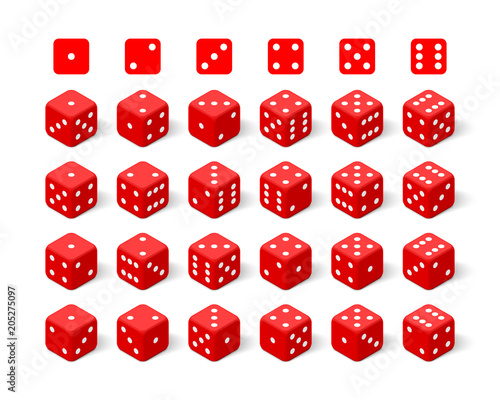 Isometric 3d red dice set. Twenty four combinations