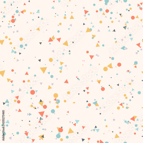 Abstract seamless pattern with colorful blue, gray, yellow, orange chaotic small circles and triangles on beige. Infinity geometric pattern. Vector illustration.  