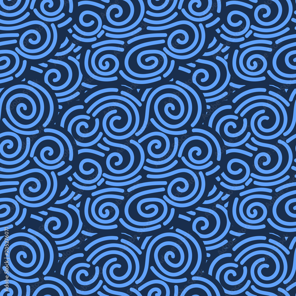 Abstract blue hand drawn doodle thin line wavy seamless pattern. Curly linear sky or sea messy background. Vector illustration.