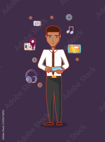 cartoon businessman standing with social media related icons over purple background, colorful design. vector illustration