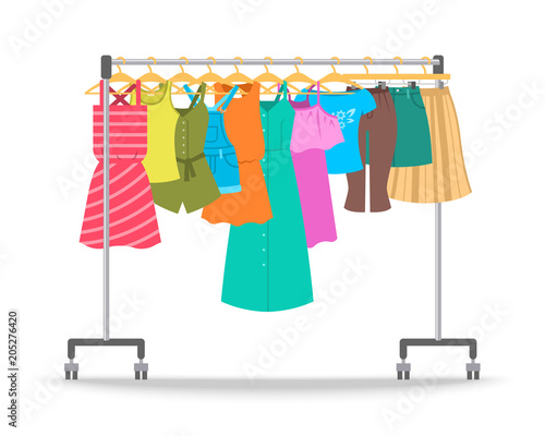 Women summer casual clothes on hanger rack. Flat style vector illustration. Female apparel hanging on shop rolling display stand. New fashion outfit collection. Seasonal sale concept