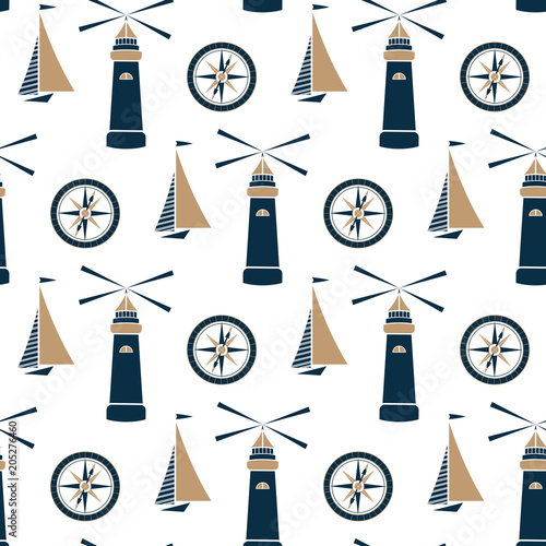 Ship, lighthouse and sea compass seamless pattern.