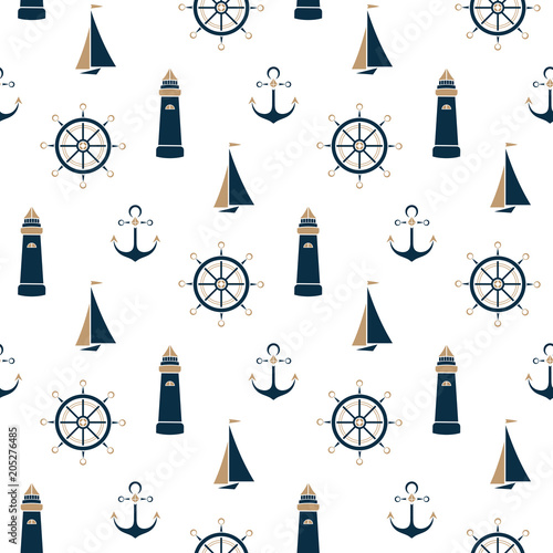 Sailboat, beacon, anchor, steering wheel seamless pattern.