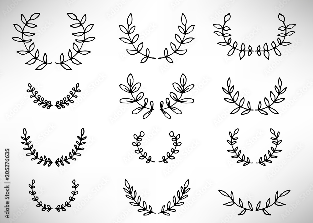 Black thin line wreath of hand drawn branches and leaves isolated on white background. Floral round frame. Laurel. Vector illustration. Black thin line wreath of hand drawn branches and leaves isolated on white background. Floral round frame. Laurel. Vector illustration.