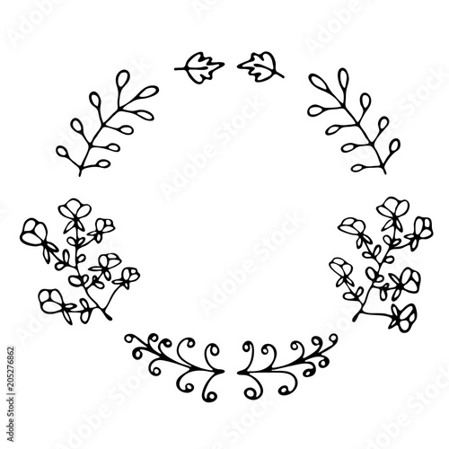 Hand drawn thin line wreath with flowers in circle. Floral round frame. Vector illustration.