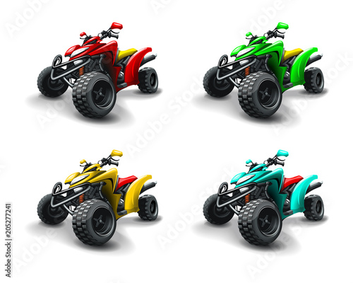 Four quad bikes in different colours.