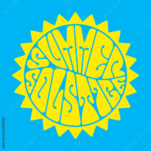 Summer solstice - handwritten lettering quote symbolizing the longest period of daylight and the shortest night of the year. Vector illustration.