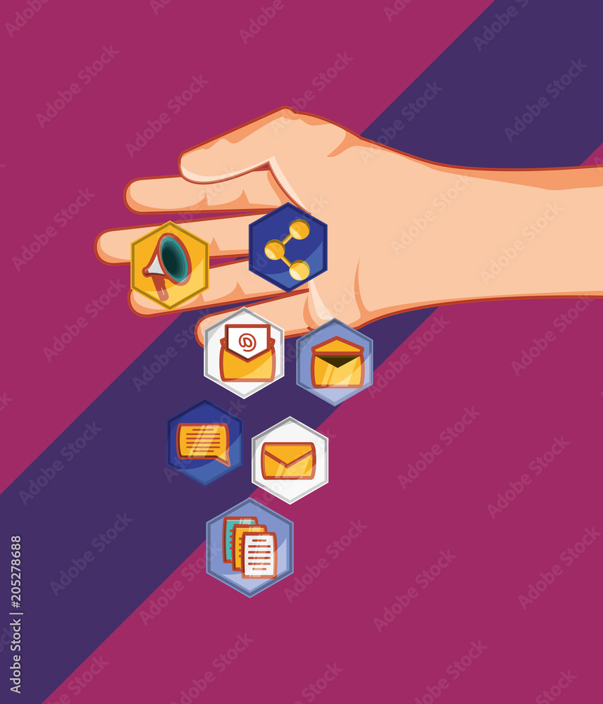 hand with social media related icons over purple background, colorful design. vector illustration hand with social media related icons over purple background, colorful design. vector illustration