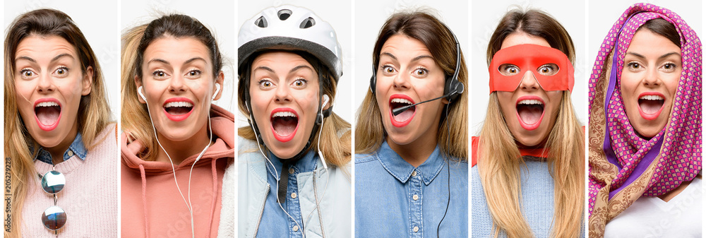 Cool woman, different professions happy and surprised cheering expressing wow gesture Cool woman, different professions happy and surprised cheering expressing wow gesture