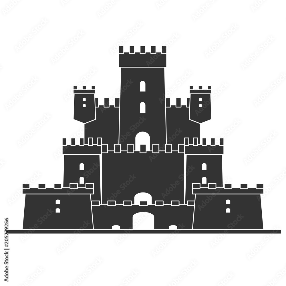 Old fairytale Medieval castle on the hill isolated on white. Tower building, architecture ancient history. Flat vector illustration