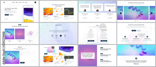 Vector templates for website design, minimal presentations, portfolio with geometric colorful patterns, gradients, fluid shapes. UI, UX, GUI. Design of headers, dashboard, features page, blog etc