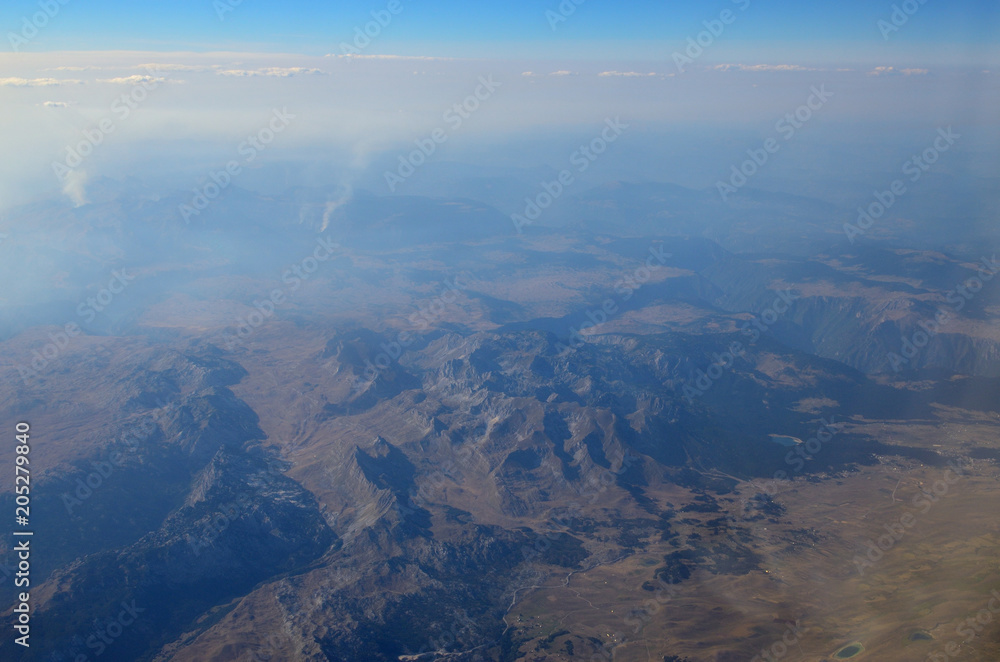 Aerial view from an airplane over the landscape of Serbia and Montenegro