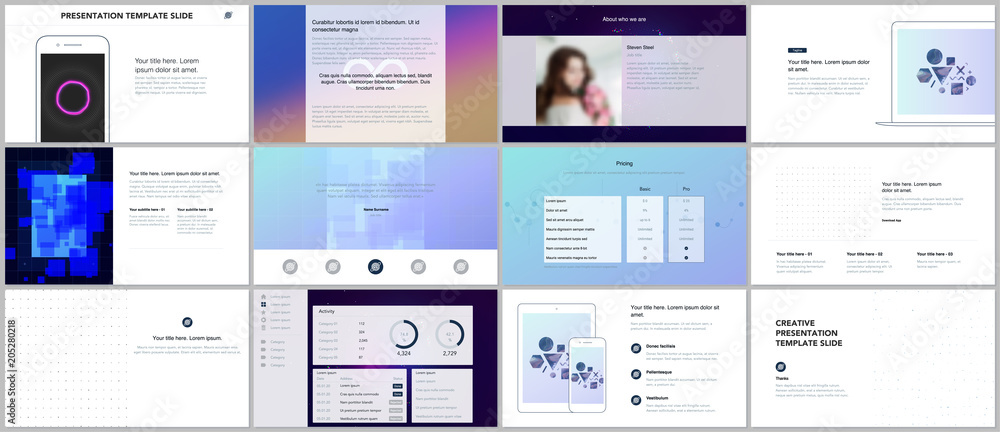 Minimal presentations, portfolio templates with abstract colorful infographics, minimalistic design futuristic vector backgrounds. Presentation slides for flyer, leaflet, brochure, cover, report