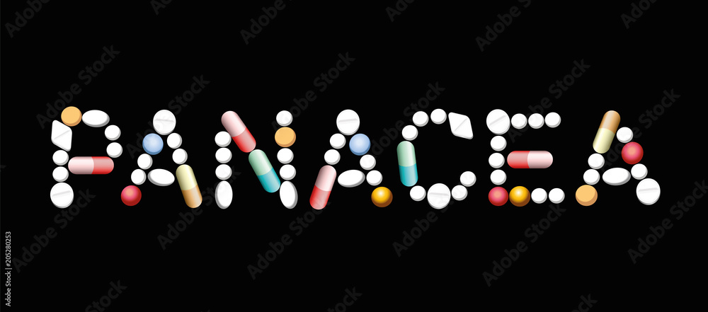 Φωτογραφία PANACEA written with pills and capsules, symbolic for magic pills, promise of miracle cure and assured health