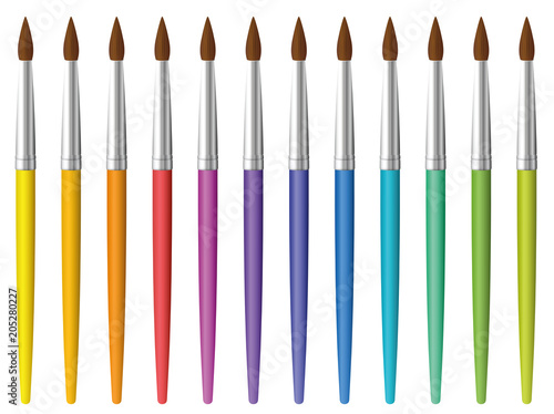 Paint brushes. Set of twelve rainbow colored paintbrushes - vector on white background.