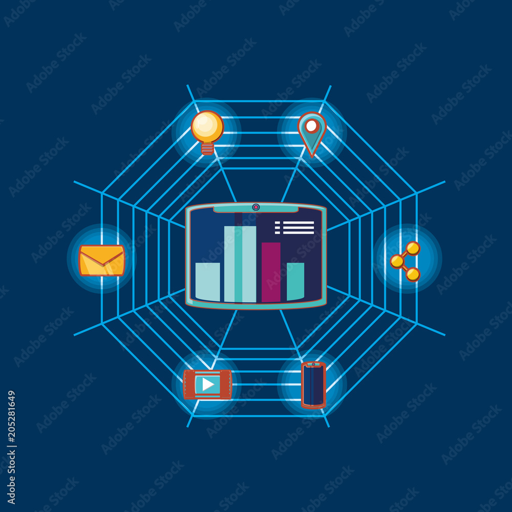Fototapeta premium network with tablet device and social media related icons over blue background, colorful design. vector illustration