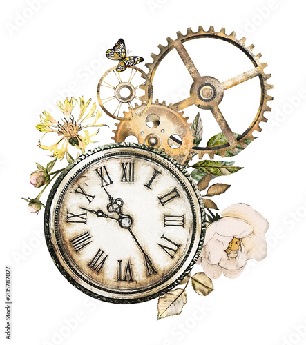 steam punk watercolor Illustration, roses, feathers, clockwork, jewelry, clock, Flowers. tattoo style. Illustration isolated on white background. Vintage print.