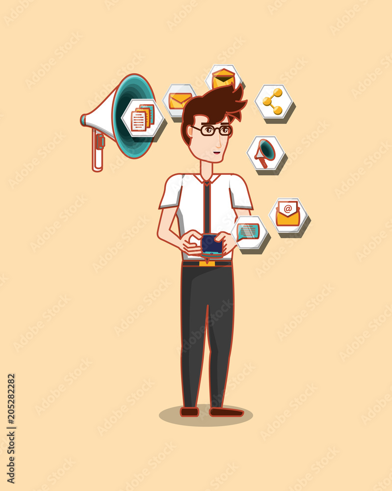 cartoon businessman standing with social media related icons over orange background, colorful design. vector illustration cartoon businessman standing with social media related icons over orange background, colorful design. vector illustration