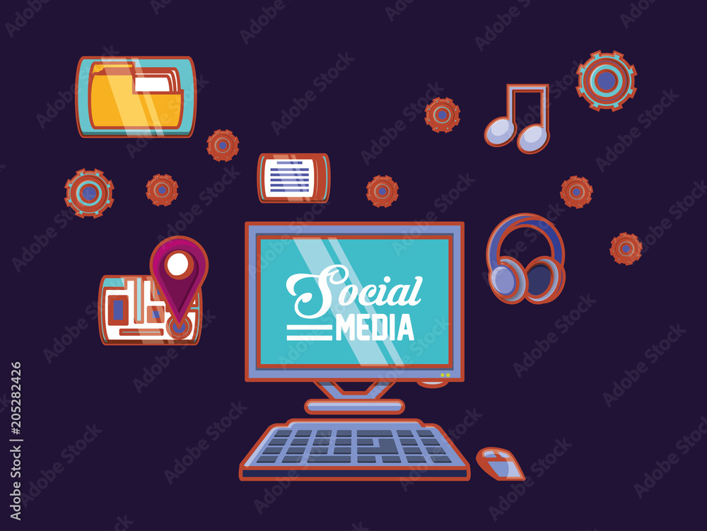 social media design with computer and related icons around over black background, colorful design. vector illustration