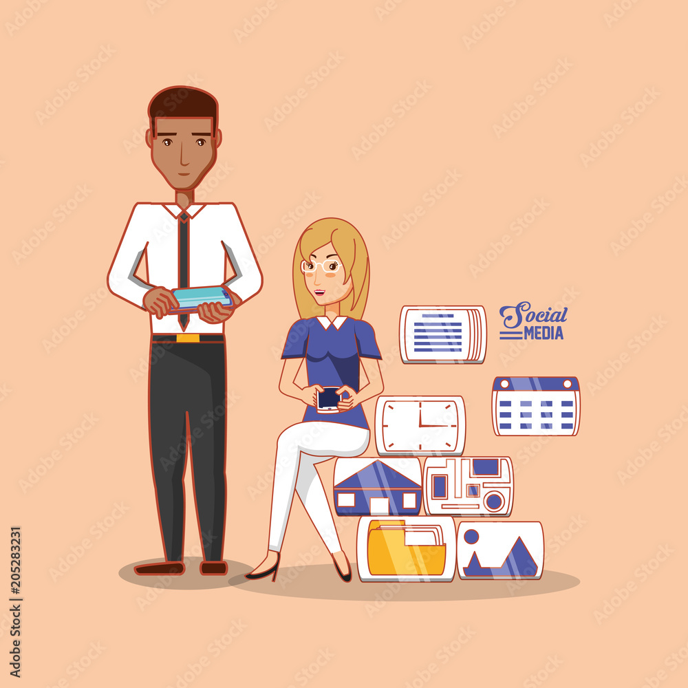 cartoon woman and man with social media related icons over orange background, colorful design. vector illustration