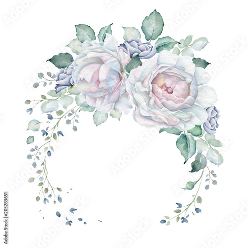 Watercolor Floral Wreath with White Roses
