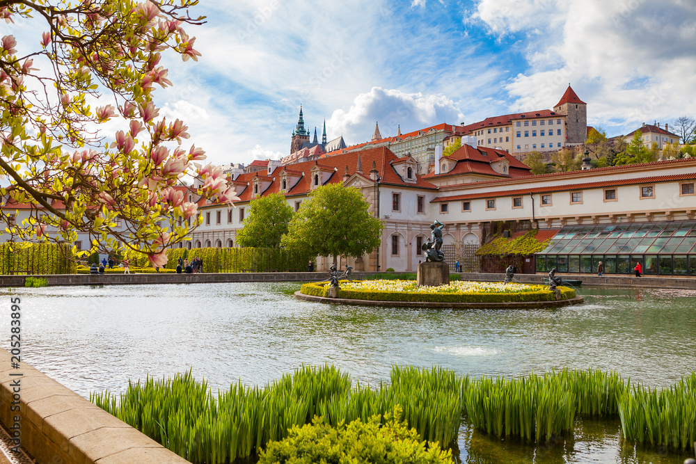 Wallenstein garden with a pond and a fountain, the most impressive in Prague. Spring time with blooming magnolia.