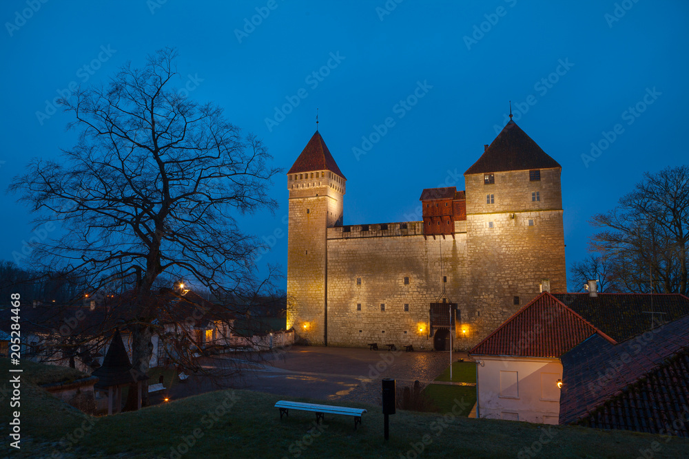 Kuressaare Episcopal Castle at night. Saaremaa island, Estonia